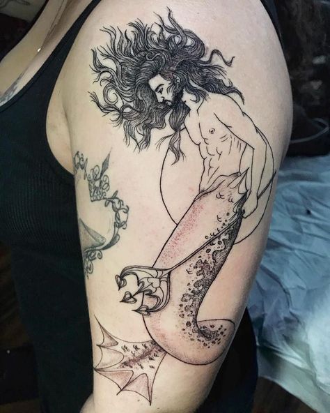 Merman Tattoo, Mermaid Boy, Male Mermaid, Mermaid Tattoo Designs, Sibling Tattoos, Pen Art Drawings, Mermaid Tattoo, Mermaid Tattoos, Sternum Tattoo