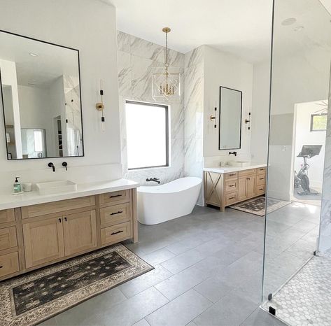 Calming Master Bath, Vivir Design Bathroom, Bathtub Between Two Vanities, Black White Master Bath, Organic Modern Master Bath, Master Bath Remodel Modern, Luxury Farmhouse Bathroom, Minimalist Master Bath, Tile In Master Bath