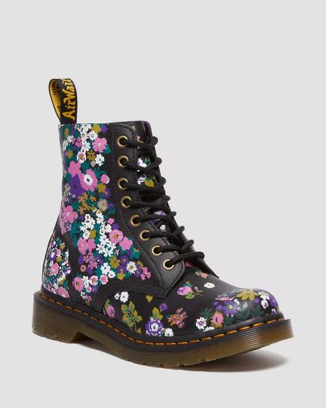 Women's Floral Print Boots & Shoes | Dr. Martens Dr Martens 1460 Pascal, Floral Boots, Yellow Heels, Ballerina Shoes Flats, Boots Uk, Leather Lace Up Boots, Doc Martens, Black Laces, Leather Lace