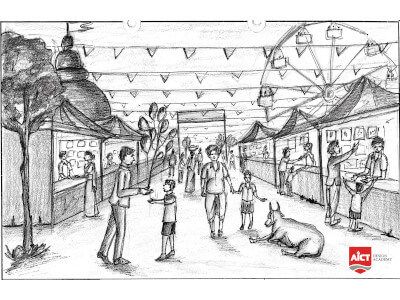 Memory Sketch Drawings, Market Scene Drawing In Perspective, Uceed Exam Drawing, Composition Drawing Sketches, Memory Drawing Sketches, Situation Drawing, Nata Drawings, Memory Sketch, Memories Drawing