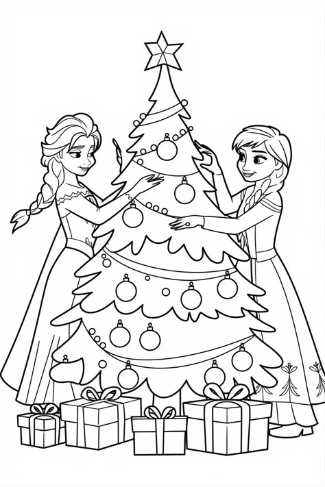 1. Elsa and Anna Decorating the Christmas Tree (Simple Coloring Page) Elsa Printable Coloring Pages, Colouring Pages Christmas Free Printable, Disney Coloring Pages Free Printable, Elsa Coloring Pages Free Printable, Bluey Christmas Coloring Pages, Disney Christmas Drawing, 2000s Coloring Pages, Christmas Coloring Sheets Free Printable, Elsa Printable