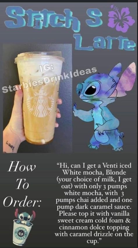 Disney Princess Inspired Starbucks Drinks, Ravenclaw Starbucks Drink, Lilo And Stitch Starbucks Drink, Starbucks Drinks Based On Characters, Disney Starbucks Secret Menu Drinks, Starbucks Drinks Characters, Stitch Starbucks Drink, Starbucks Character Drinks, Disney Themed Starbucks Drinks