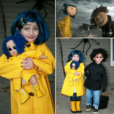 Coraline and Wybie costumes, including American Girl Bitty Baby as Coraline doll. Diy Coraline Costume, Coraline Halloween Costume, Coraline Costume, Bitty Baby American Girl, Coraline And Wybie, Doll Couple, Makeup Scary, Coraline Doll, Doll Halloween Costume