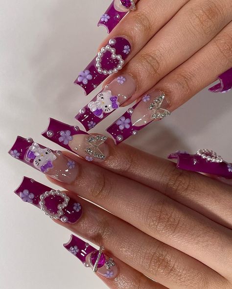 Cute Acrylic Nail Designs, Hello Kitty Nails, Long Acrylic Nails Coffin, Unique Acrylic Nails, Bling Acrylic Nails, Kawaii Nails, Pink Acrylic Nails, Square Acrylic Nails, Nails Inspo