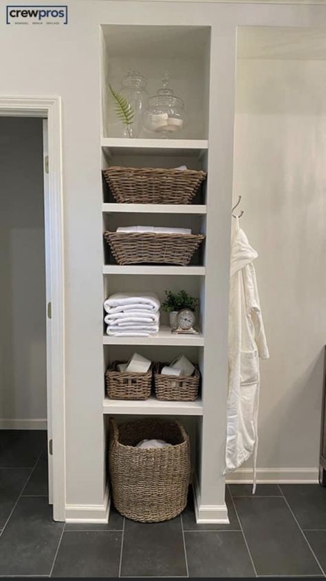 Bathroom Cool Ideas, Bathroom Closet Turned Open Shelving, Open Linen Closet, Built In Bathroom Shelves, Open Bathroom Closet Ideas, Open Shelf Bathroom, Bathroom Stone Wall, Mil Suite, Bath Boms Diy