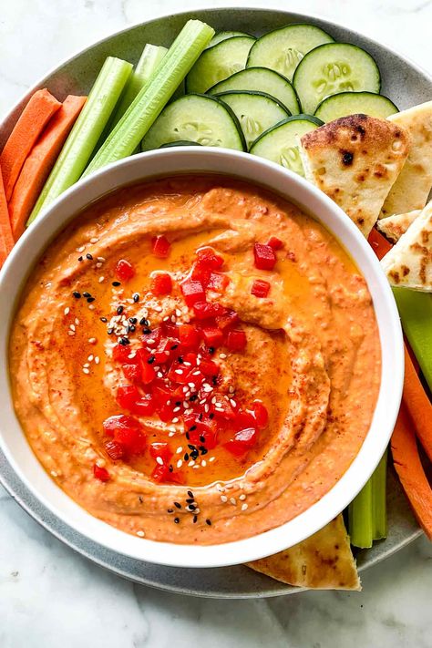 Roasted Red Pepper Hummus | foodiecrush.com Roasted Red Pepper Hummus Recipe, Red Pepper Hummus Recipe, Hummus Recipes, Unique Appetizers, Hummus Recipe Homemade, Pepper Hummus, Roasted Red Pepper Hummus, Red Pepper Hummus, No Cook Appetizers