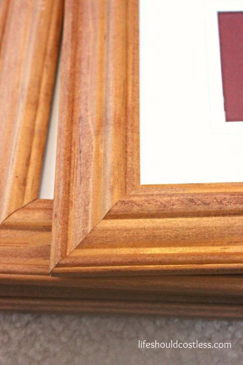 Cheap Picture Frame Make-Over & The One-Year-Old Wall - Life Should Cost Less Painting Picture Frames Diy, Wood Frames Diy, Diy Sanding, Cheap Picture Frames, Oak Picture Frames, Making Picture Frames, Scratched Wood, Sanding Wood, Painted Picture Frames