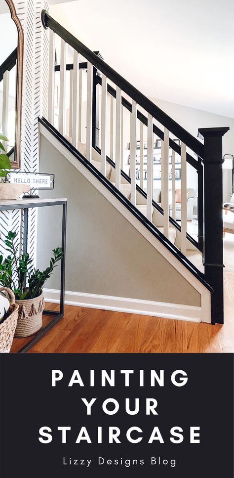 Stairs Railing Paint Ideas, Painting Carpeted Stairs, Staircase Painted Black, Paint For Stairs Staircases, Stair Case Paint Ideas, Painted Oak Staircase, Diy Painted Staircase, Staircase Update Ideas, Painted Stairways Ideas