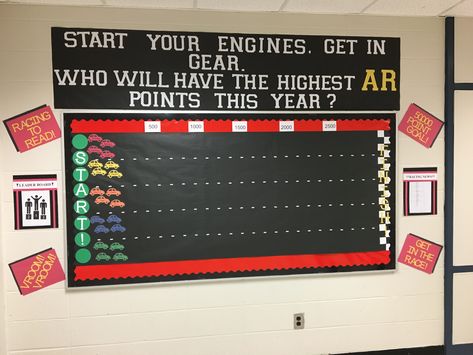 Race car AR bulletin board Race Track Bulletin Board, Tracking Bulletin Board Ideas, Reading Race Bulletin Board, Race To The Finish Line Bulletin Board, Racetrack Bulletin Board, Racecar Bulletin Board Ideas, Reading Contest Bulletin Board, Race Car Behavior Chart, Race Track Bulletin Board Ideas