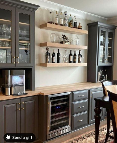 Modern Kitchen Buffet Cabinet, Wine Bar Built In Cabinets, Kitchen Cabinet Different Depth, Kitchen Buffet Area, Bar Wall With Shelves, Built In Shelves Bar Area, Modern Farmhouse Shaker Cabinets, Pantry Buffet Cabinet, Bar Coffee Area In Kitchen