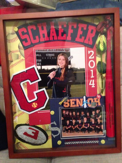 Senior night idea Sports Shadow Boxes, Soccer Senior Night, Volleyball Senior Night, Basketball Senior Night, Senior Night Posters, Cheer Banquet, Shadow Box Ideas, Softball Crafts, Senior Softball