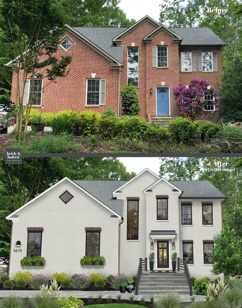 No question, Seapearl by Benjamin Moore is one of our top off-white paint colors for home exteriors. It's a softer and muted off-white, almost gray that looks beautiful on this brick home. Click through for our other favorite off-white paint colors that work well on a variety of home exteriors. #virtualdesign #exteriordesign #whitebrick #paintedbrick #offwhite Sherwin Williams Off White, Designer White Paint, Off White Exterior Paint Colors, Brick Painted White, Painted Brick House Exterior, Benjamin Moore Exterior Paint, Brick Paint Colors, White Exterior Paint Colors, Off White Paint Colors