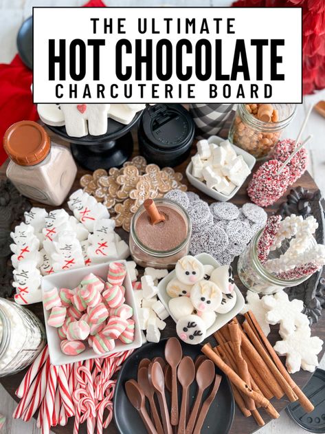 Got Chocolate Charcuterie, Xmas Food Boards, Christmas Snack Foods For Party, Candy Christmas Board, Hot Chocolate Platter, Charcuterie Board Hot Coco, Christmas Hot Chocolate Bar Aesthetic, Winter Food Board, Charcuterie Hot Chocolate Board