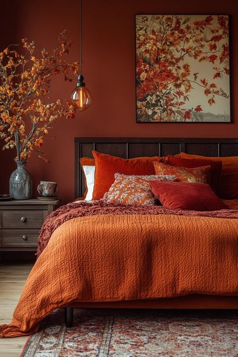 Rust And Gold Bedroom, Rust Red Bedroom, Burnt Orange Dresser, Dark Orange Room, Rustic Orange Bedroom, Autumn Themed Bedroom, Red Orange Bedroom, Boho Zen Room, Warm Orange Aesthetic