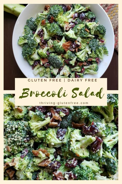 Gluten Free Potluck Ideas, Dairy Free Salad, Gf Sides, Dairy Free Dressing, Best Broccoli Salad Recipe, Easy Broccoli Salad, Dairy Free Salads, Broccoli Salad Bacon, Gluten Free Salads