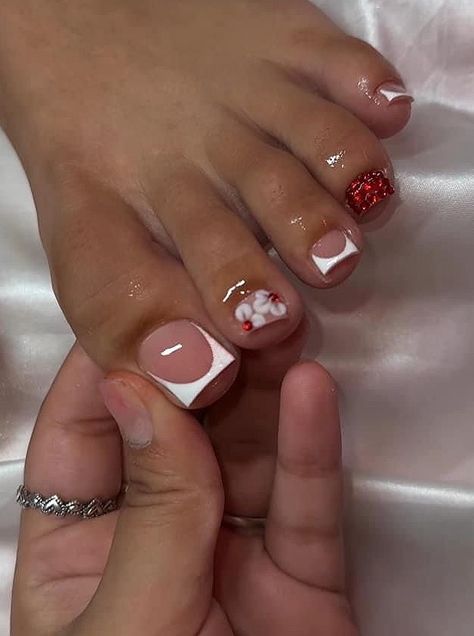 White And Red Acrylic Nails Ideas, Junk Toe Nails, Red Nail Designs Prom Short, Red Tip Toe Nails, Black And Red Toenails, White Toe Design, Red Toes With Design, Red Set Nails, Toe Nail Acrylic Designs