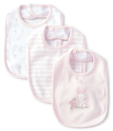 From Little Me, this bib set features:3-piecesone solid bib with a bunny motif on the frontone striped bibone rose printed bibAll of organic cotton with terrycloth backImported. Cute Baby Stuff, Newborn Pink Clothes, Pink Cotton Bib As A Gift, Baby Girl Stuff, Bibs For Babies, Baby Girl Clothes Newborn Pink, Cheap Cute Pink Bib, Baby Girl Items, Baby Doll Nursery