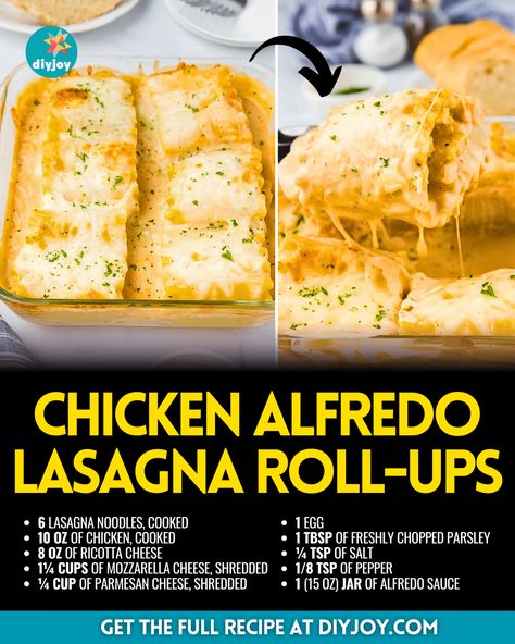 Alfredo Lasagna Roll Ups, Chicken Lasagna Roll Ups, Chicken Alfredo Lasagna Recipe, Easy Chicken Alfredo, Chicken Lasagna Rolls, Easy Homemade Lasagna, Bacon Chili, Chicken Alfredo Lasagna, Alfredo Lasagna