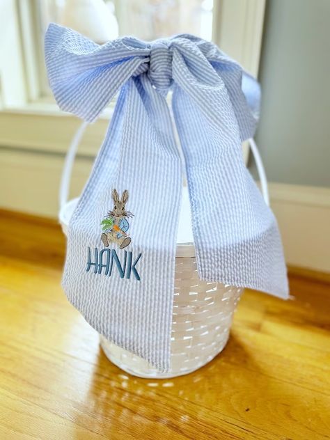 Personalized Easter Basket Seersucker Bow, Flower Girl Basket Bow, New Mom Gift Basket, Baby Girl Gift Basket, Easter Egg Hunt, Easter Bunny - Etsy Easter Basket Embroidery, Wreath Sashes, Wraps Ideas, Baby Girl Gift Basket, Easter Festivities, New Mom Gift Basket, First Birthday Sign, First Birthday Favors, Raffle Basket