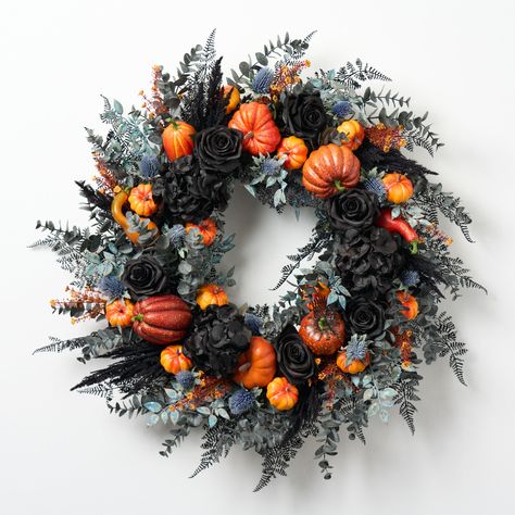 Features Available in: 26" Diameter x 6" Deep 30" Diameter x 6" Deep Life-like Botanical & Floral Indoor or Outdoor Covered Use Designed, Handcrafted in Ohio Shown in 26" Sizes The Sixth Senses - Black & Blue Autumn Foliage with Orange Pumpkin Halloween Decor Front Door Fall Wreath addition to any home this fall season. Its versatility makes it perfect for displaying on the front door, wall, or above the mantel, adding a touch of elegance to any space. Complete the look with any of our fall arra Halloween Fall Wreath, Diy Halloween Wreaths For Front Door, Classy Halloween Decor Outdoor, Blue Halloween Decor, Teardrop Wreath, Fall Tabletop Decor, Halloween Stem, Blue Autumn, Christmas Stem