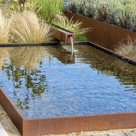 Acres Wild on Instagram: “Channelling the Spirit of the Countryside 💦 Corten steel reflecting pond and spillway in a recently completed Kent country garden 💦 The…” Reflecting Pond, Kolam Air, Taman Air, Outdoor Water Features, Garden Water Feature, Backyard Water Feature, Garden Architecture, Water Features In The Garden, Ponds Backyard