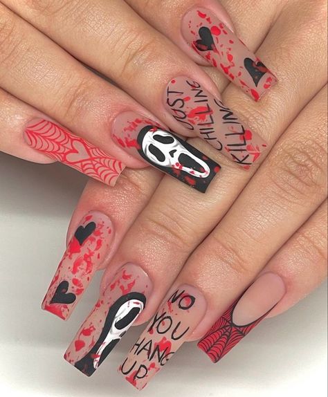 By @miaminailstudio Ghostface Nails Coffin, Tornado Nails Design, Hawolleen Nails, Horror Nail Art Designs, Horror Nail Ideas, Ghost Face Nail Designs, Ghostface Nail Designs, Fancy Halloween Nails, Ghost Face Nail Art