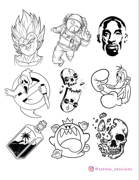 Tattoo flash sheet cool art design Tattoo Flash For Men, Cool Flash Tattoos Men, Cool Tattoo Flash, Hood Flash Tattoo, Flash Tattoo Designs Men, Cartoons Tattoo Design, Get What You Get Tattoo Flash, Cartoon Flash Sheet, Flash Tattoos Men