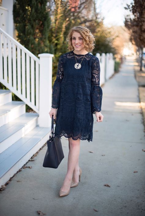 Navy Lace Dress - Something Delightful Blog Navy Blue Lace Dress, Navy Lace Dress, Navy Lace, Curvy Dress, Curvy Outfits, Blue Lace, Feminine Style, Crochet Dress, Autumn Winter Fashion