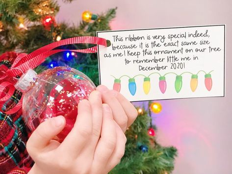 Adorable and sweet keepsake ornament! Measure out Christmas ribbon to be the same height as your little! Put it into a clear ornament, add… | Instagram Ribbon Bauble Height, Grade 2 Christmas Ornament, Ribbon Ornament For Kids Height 2023, Height Ribbon Ornament Printable, Ribbon Ornament For Kids Height Poem, Ribbon Keepsake Ornament, Ribbon In Ornament Poem, Height Ornament Ribbon, Ribbon Measurement Ornament