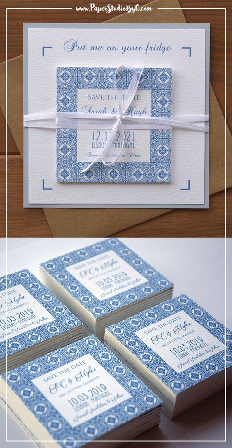 Spanish Wedding Save The Date, Blue Tile Wedding Invitation, Greece Wedding Save The Date, Portuguese Wedding Invitations, Card Set Design, Blue Tile Wedding, Portugal Theme Wedding, Blue Save The Date, Magnet Save The Date