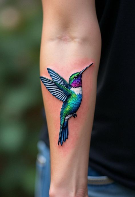 Unique Hummingbird Tattoos Inspiration 3d Hummingbird Tattoo, Hummingbird Spine Tattoo, Hummingbird Tattoo Watercolor, Colorful Hummingbird Tattoo, Hummingbird Flower Tattoos, Moms Tattoo, Small Hummingbird Tattoo, Hummingbird Tattoos, Tattoo Drawing Ideas