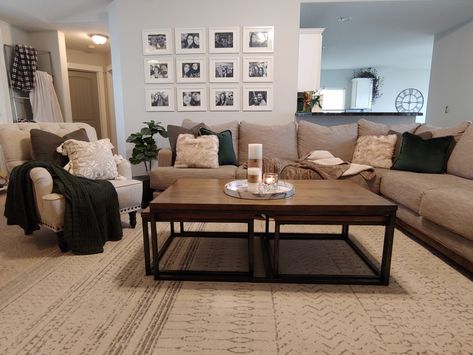 Khaki Couch, Tan Couch Living Room, Gray Sectional Living Room, Tan Couch, Walnut Living Room, Cream Couch, Sage Green Living Room, Cream Chair, Living Room Gray