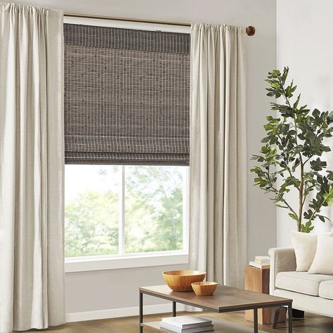 Roman Shades In Living Room, Bamboo Roman Shades, Cordless Roman Shades, Woven Wood Shades, Bamboo Light, Bamboo Blinds, Home Decor Colors, Bamboo Shades, Privacy Panels