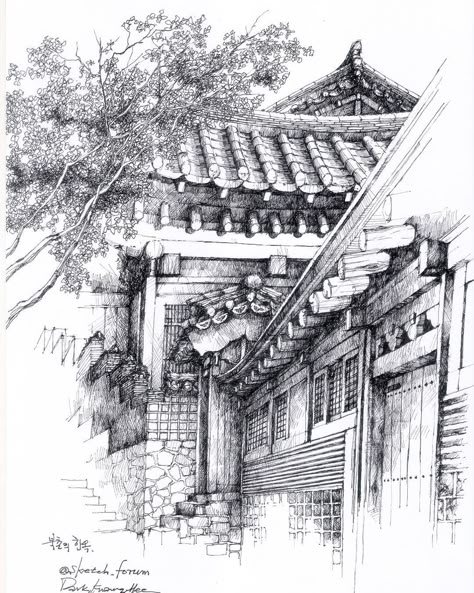 Architectural Sketches by Park Kwang Hee Architecture Drawing Presentation, Ink Pen Art, Architecture Drawing Sketchbooks, Architecture Drawing Plan, Urban Sketches, Architectural Sketches, Interior Architecture Drawing, Asian Architecture, Pen Art Drawings