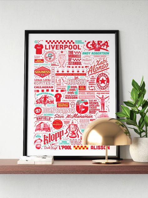 A typographic poster featuring famous characters, achievements and events in the history of Liverpool FC. This poster print would make the perfect gift for any Liverpool supporter, whether it be your dad, your boyfriend or a best friend. It features legendary figures of the club such as Bill Shankly, Bob Paisley, Ian Rush, King Kenny, Mo Salad and Steven Gerrard. This is a piece of Liverpool FC Wall Art packed with important fan references. Bob Paisley, Soccer Bedroom, Liverpool Gifts, Bill Shankly, King Kenny, Ian Rush, Liverpool Poster, Mens Room Decor, Football Artwork