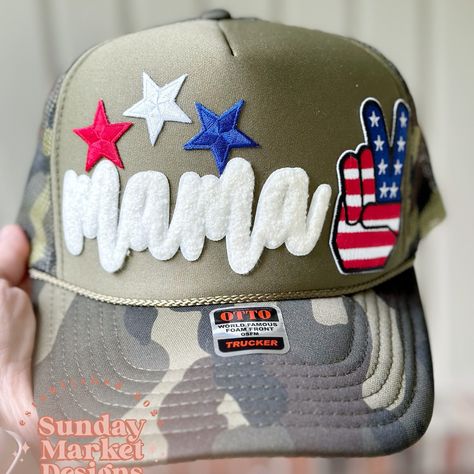 Celebrate this Fourth of July in style with our American mama trucker hat! #womenshat #truckerhat #4thofjuly #womenstruckerhats #FourthofJulyhat 4th Of July Trucker Hats, Hat Bar, Pig Pen, Custom Trucker Hats, Side Kick, Hat Ideas, Cute Hats, Vinyl Projects, Custom Hats