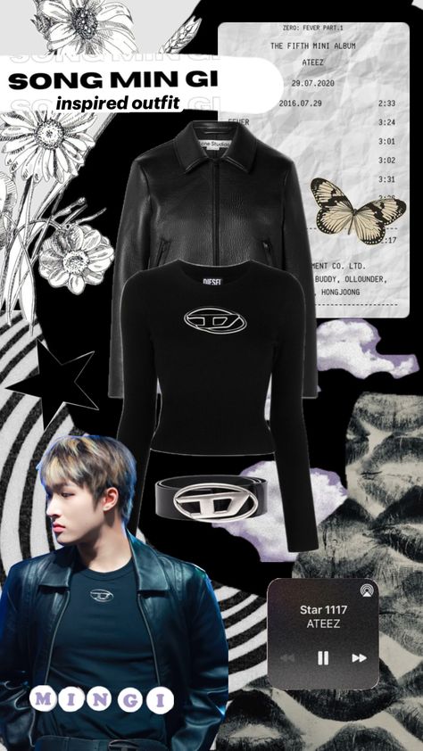 Mingi + diesel 4everrr #mingi #ateez #kpop #diesel #ootd #outfit #leatherjacket Kpop Diesel, Diesel Clothing, Mingi Ateez, Outfits 2016, Song Min-gi, Ootd Outfit, Your Aesthetic, Creative Energy, New Outfits