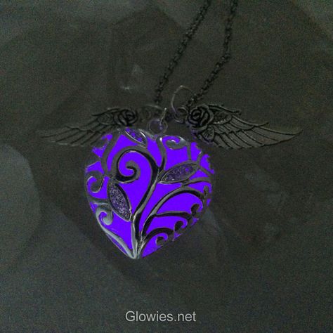 Glowies Glow Jewelry Art & Decor - Flying Glowing Heart of Winter with Wings Glow In The Dark Jewelry, Glow In Dark Jewelry, Glow In Dark Necklace, Glowing Moon Necklace, Monique Lula, Glow In The Dark Crystal Necklace, Winter Necklace, Glow Jewelry, Heart With Wings