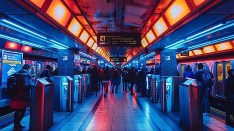 "Futuristic Subway Station: #Commuters pass through a vibrant, #NeonLit subway station, creating a cinematic feel in an #EverydaySetting. #TransportDesign #CityLife #ArtisticVibes #ModernArchitecture ⬇️ Download and 📝 Prompt 👉 https://stockcake.com/i/futuristic-subway-station_836773_847429". Cyberpunk Map, Urban Commuter, Subway Station, Digital Signs, Mystical Forest, Busy City, Image Downloads, Urban Environment, Modern City