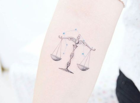 Libra Scale Tattoo, Libra Constellation Tattoo, Star Ideas, Justice Tattoo, Aries Constellation Tattoo, Dna Strand, Small Back Tattoos, Libra Constellation, Libra Tattoo