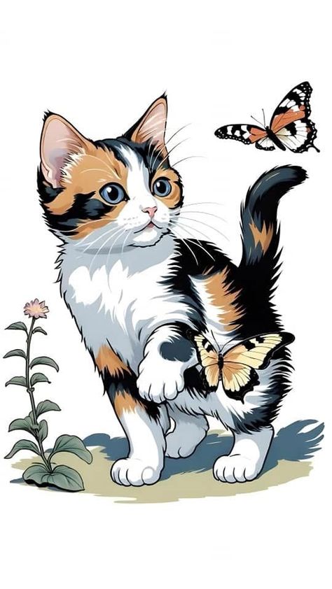 Tortoiseshell Cat Drawing, Illustration Chat, Cat Design Art, Cat And Butterfly, Kitten Tattoo, Cartoon Cat Drawing, Playful Cats, Lion King Drawings, Cat Playground