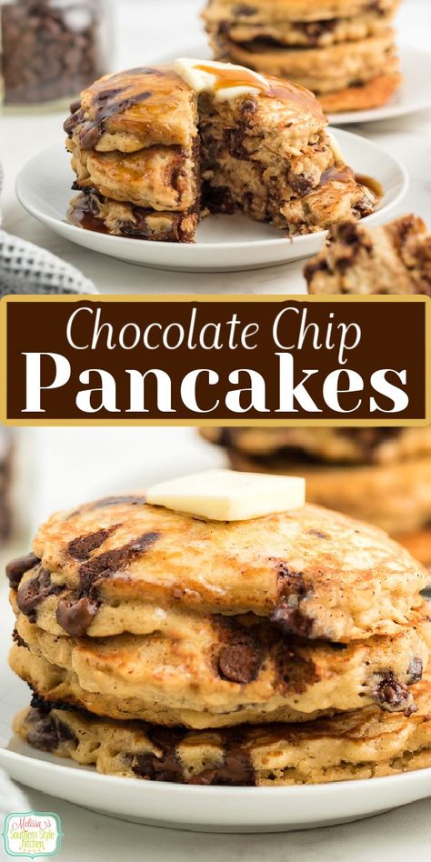 Chocolate Chip Pancakes Homemade Chocolate Chip Pancakes, Syrup Pancakes, Chocolate Chip Pancakes Recipe, Chocolate Chip Pudding Cookies, Pancake Bites, Pancake Toppings, Homemade Chocolate Chips, Chocolate Pancakes, Chocolate Chip Pancakes