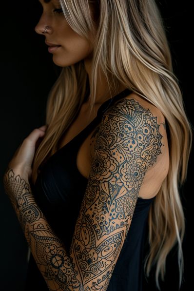 25+ Feminine Tattoo Sleeves That Are So Elegant Arm Sleeve Ideas For Women, Feminine Arm Sleeve, Faith Sleeve Tattoos For Women, Forearm Sleeve Tattoos For Women Unique, Floral Lace Sleeve Tattoo, Lace Tattoos For Women Sleeve, Female Forearm Tattoo, Divine Feminine Sleeve Tattoo, Women’s Full Sleeve Tattoos