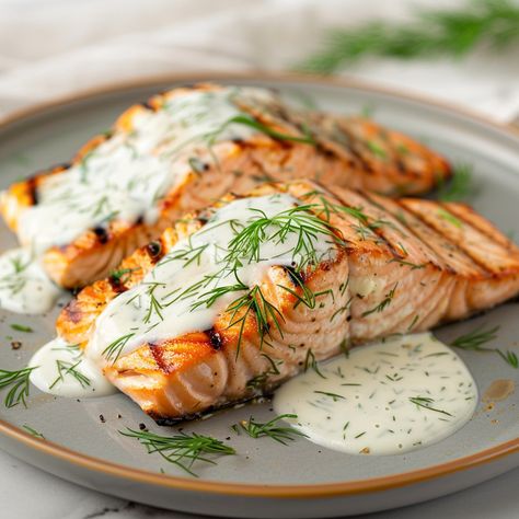 🐟🍋 Enjoy a fresh and flavorful meal with this Grilled Salmon with Dill Sauce! Perfect for a light and healthy dinner that's easy to prepare. 🐟🍋 Grilled Salmon With Dill, Salmon With Dill Sauce, Dill Aioli, Salmon With Dill, Salmon Dill, Dill Sauce For Salmon, Salmon With Lemon, Lemon Dill Sauce, Dill Salmon