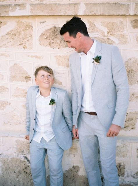 groom and his son in light grey with succulent boutonnieres #destinationwedding #destination #wedding #groom #attire Suit Homecoming, Succulent Boutonniere, Suits 2023, Prom Suits For Men, Prom Suit, Groom Wedding Attire, Wedding Tuxedo, Summer Formal, Linen Men