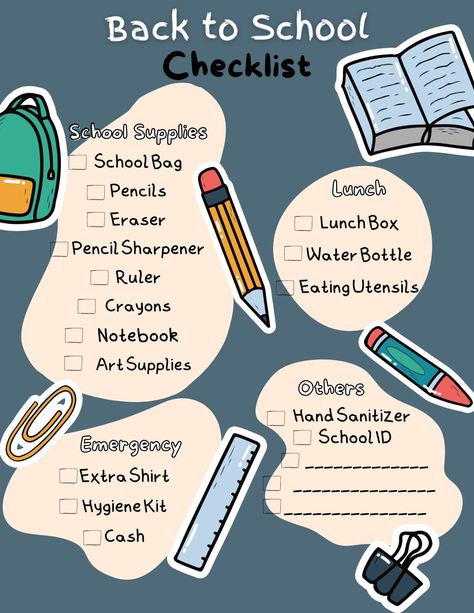 Be ready for the new school year with our Back to School Checklist! Keep track of everything you need and save time and stress. Don't forget a thing (or "Don't be the kid who forgets their lunch in the locker on the first day") with our handy checklist. Room to add those special items needed for your class or school. Back To School Prep Checklist, School Day Checklist, Before School Starts Checklist, Back To School Checklist For Teachers, Preschool Checklist Back To School, Erin Condren Academic Planner, Back To School Checklist, School Equipment, School Preparation