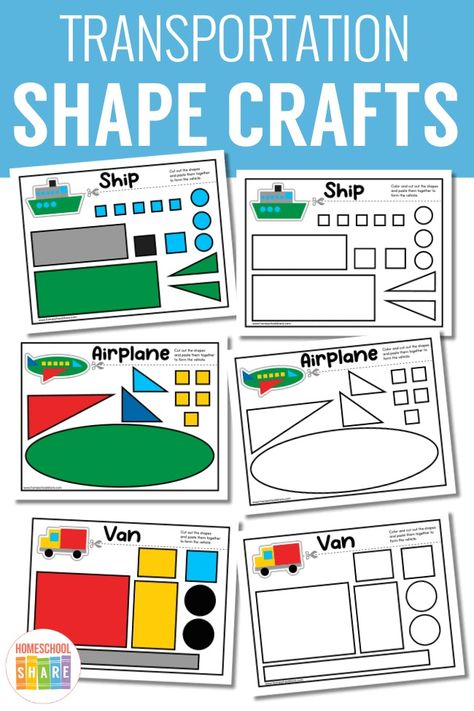 Free Printable Transportation Crafts - Homeschool Share Shape Transportation Craft, Vehicles Activity For Preschool, Free Transportation Printables, Prek Transportation Activities, Water Transport Activities For Preschool, Transportation Preschool Theme, Transportation Science Preschool, Transportation Crafts Preschool, Transportation Preschool Crafts