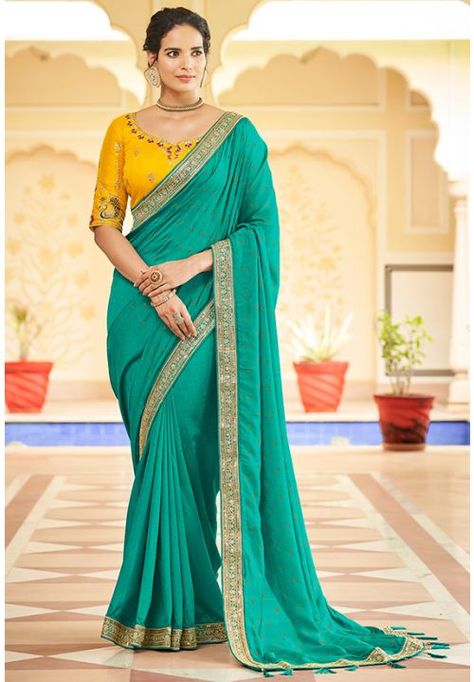 Rama Green Silk Saree with Embroidered Blouse Bollywood Sarees Online, Bollywood Sarees, Dori Work, Bollywood Bridal, Green Saree, Trendy Sarees, Latest Sarees, Festive Wear, Wear Saree