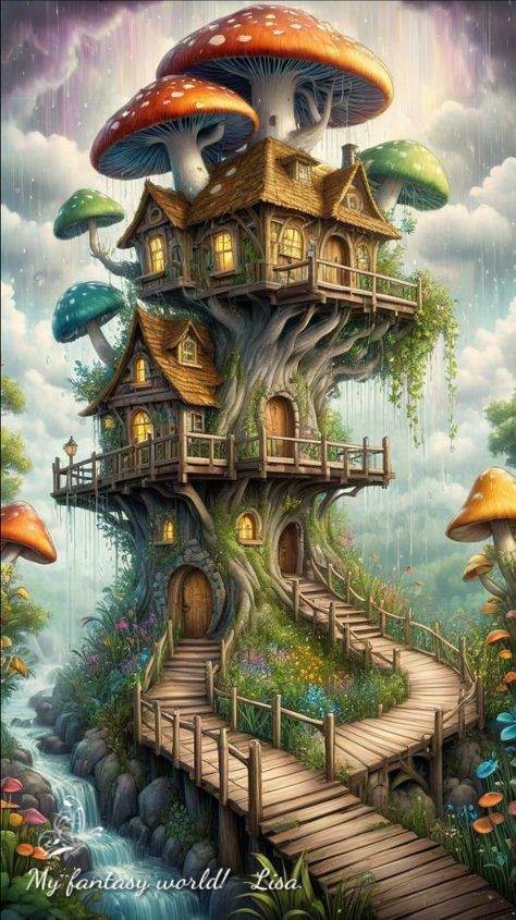 Mushroom Treehouse, Mushroom Building, House Underwater, Summer Mushroom, Underwater Drawing, Mushroom Tree, Creative Digital Art, Brand New House, Fairy Tree Houses