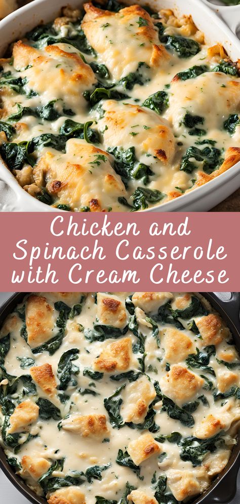 This Chicken and Spinach Casserole with Cream Cheese is the epitome of creamy, cheesy goodness combined with tender chicken and nutritious spinach. This comforting casserole is easy to prepare, making it ideal for busy weeknights or family gatherings. With a luscious cream cheese sauce, juicy chicken, and flavorful spinach all baked to golden perfection, this dish is bound to become a household favorite! Keto Chicken Spinach Casserole, Spinach Chicken Casserole Cream Cheese, Chicken Stuffed With Cream Cheese And Spinach, Rotisserie Chicken And Cream Cheese Recipes, Chicken With Spinach Recipes Healthy, Chicken Cream Cheese And Spinach Recipes, Chicken With Cream Cheese And Spinach, Leftover Creamed Spinach Recipes, Gourmet Casserole Recipes